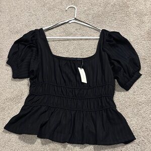 Black Square Neck Puff Sleeve Blouse